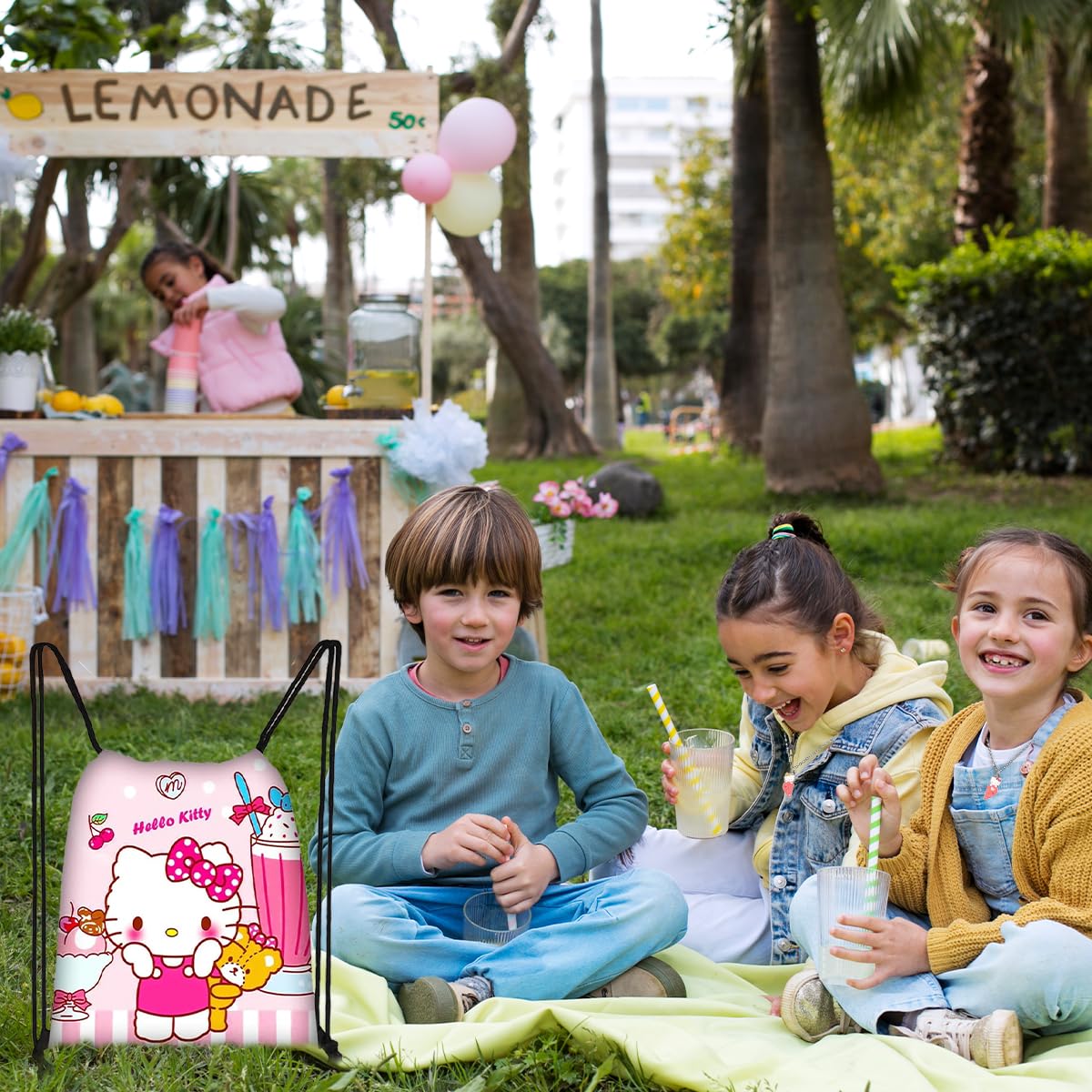 HASTHIP® 12Pcs Kawaii Sanrio Stuff Kitty School Supplies Set, Hello Kitty Sanrio Stationery Set with Drawstring Bag Coin Wallet Bracelet Keychain Necklaces Button Pins Stickers Lanyard for Kids Adults