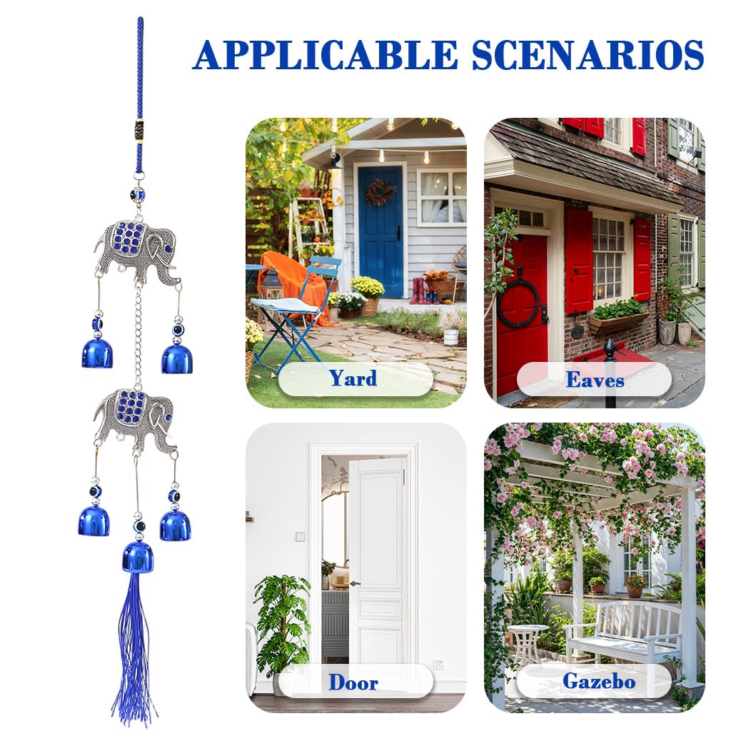 HASTHIP Elephant Wind Chimes for Balcony with 5 Blue Metal Bells | Good Luck Home Decor