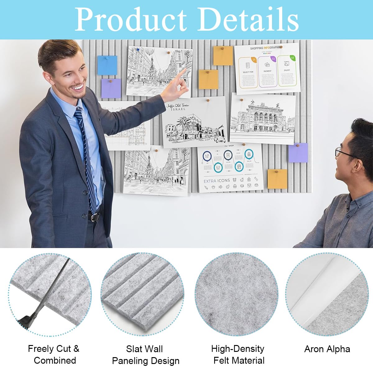 HASTHIP® 6Pcs Felt Bulletin Board Vision Board,30x30cm Self-Adhesive Wall Boards with 50pcs Drawing Pins,Felt Message for Paste Notes Photos Schedules (Grey)