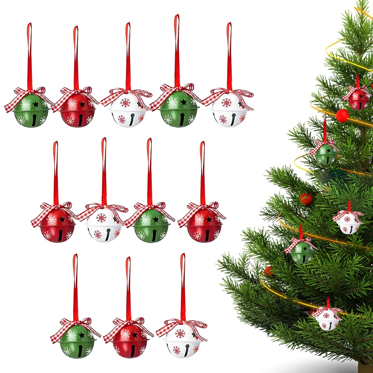 HASTHIP Christmas Bell Ornaments for Tree Decorating with 12 Metal Bells and Checkered Ribbons | Green Red White Holiday Décor