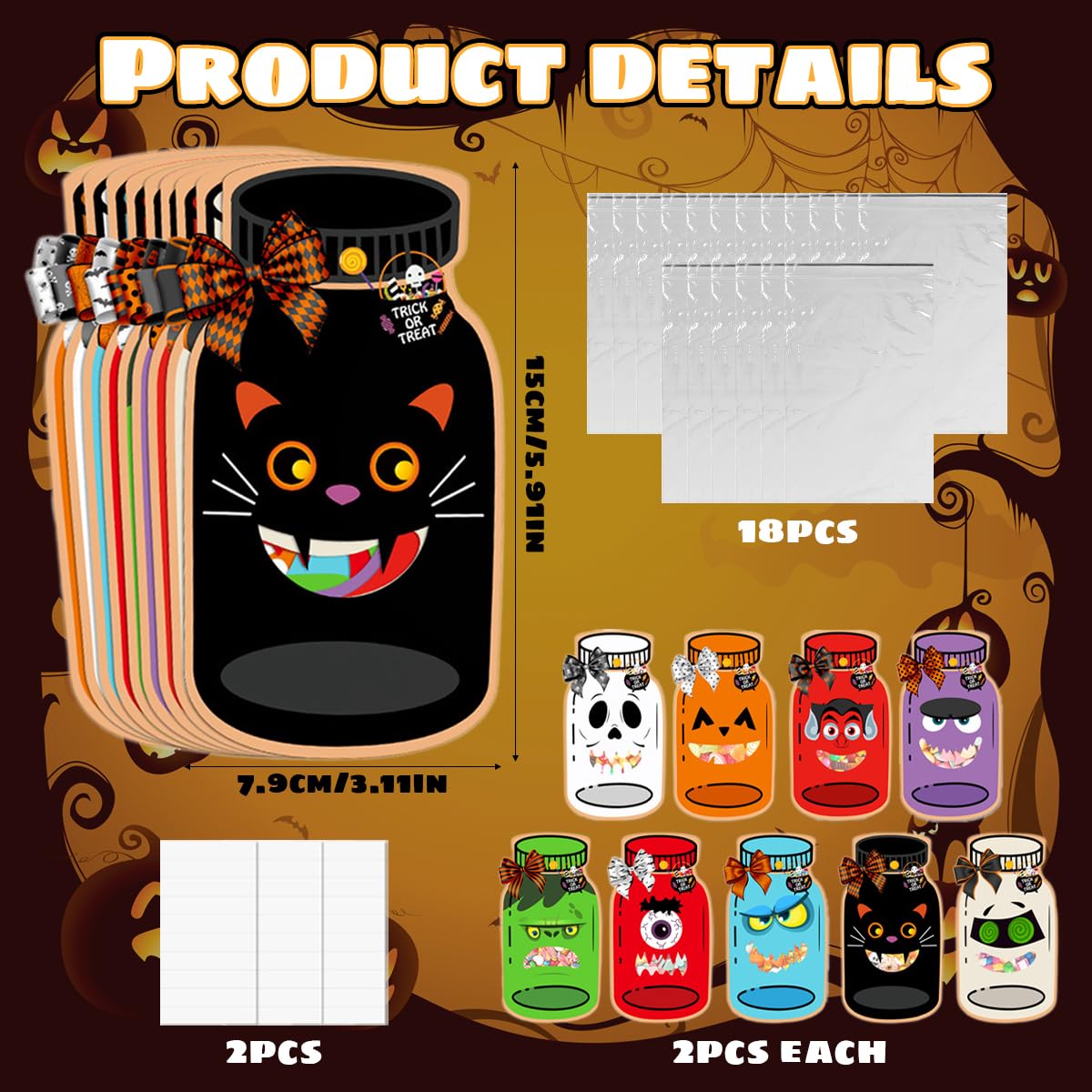 HASTHIP Halloween Treat Bag Fillers for Trick or Treat with 18 Sets 9 Designs | Paper Candy Pouches