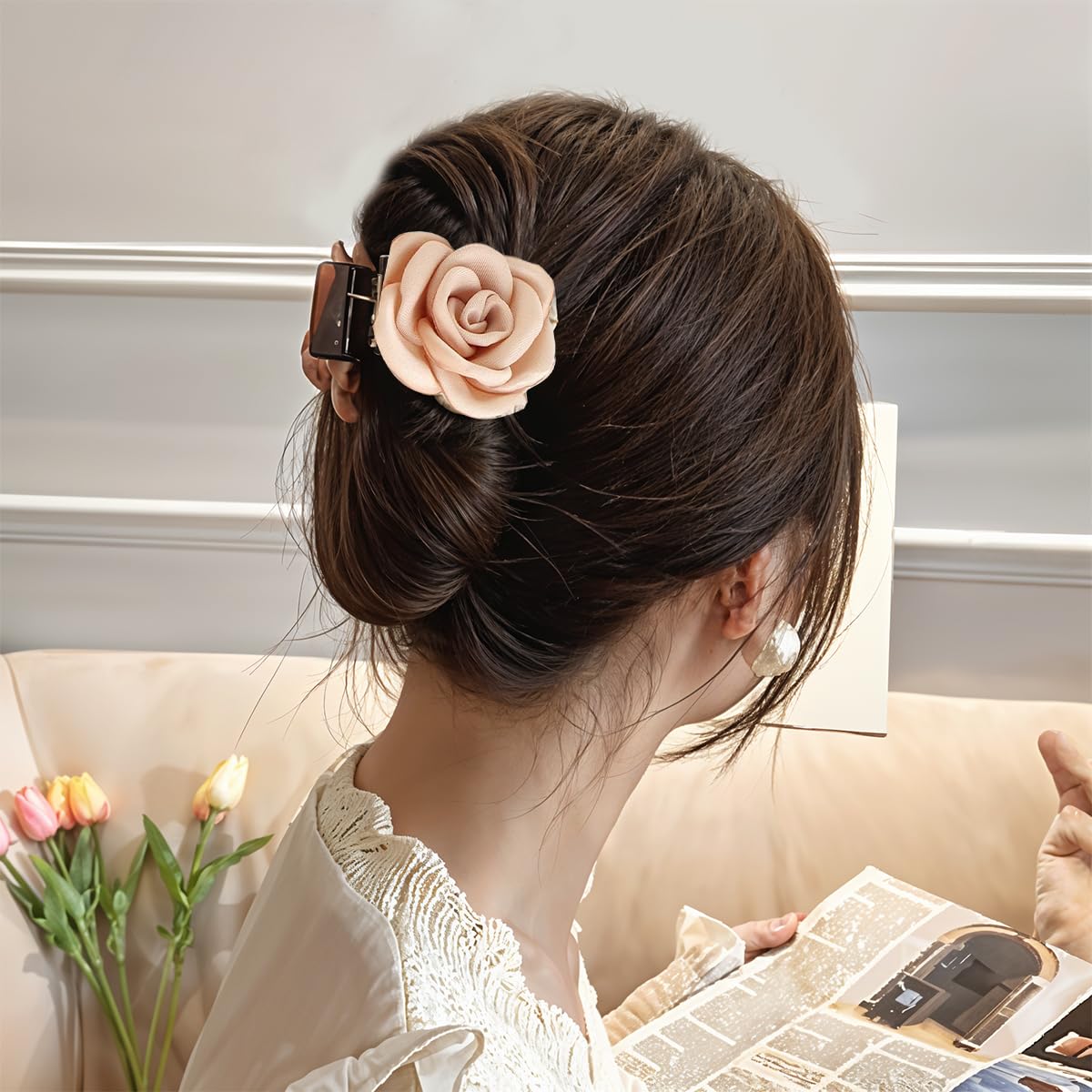 HASTHIP® 3 Piezas Clips de Garra con Flor de Rosa,Pinzas Pelo Acrílicas con Resorte Fuerte,Accesorios Elegantes para Mujeres y Niñas Estilo Medio Recogido Ligero y Duradero