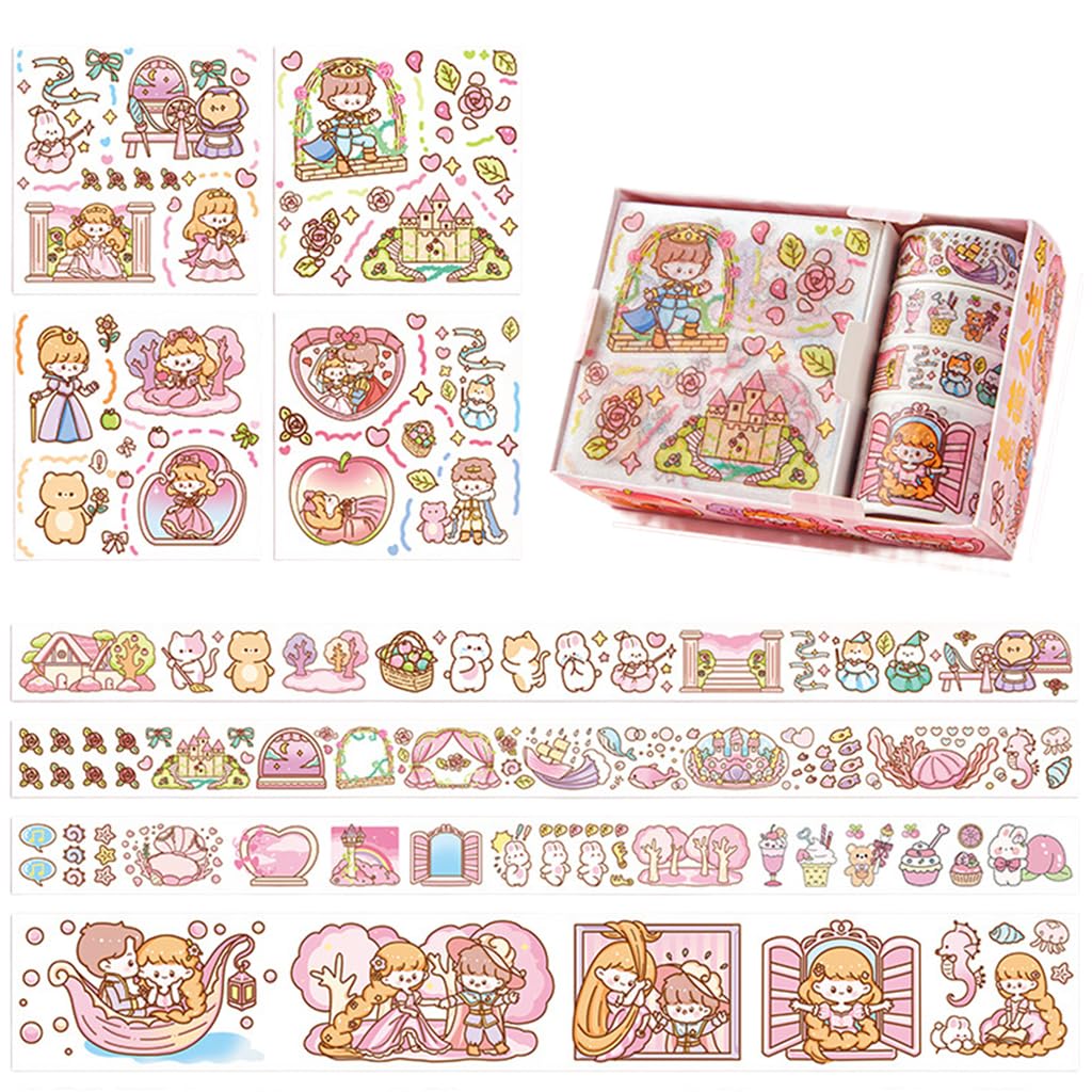 HASTHIP Scrapbooking Sticker Tape Set for DIY Art and Album Decoration with 4 Rolls and 4 Sheets | Cute Kawaii Cartoon Designs in Pink