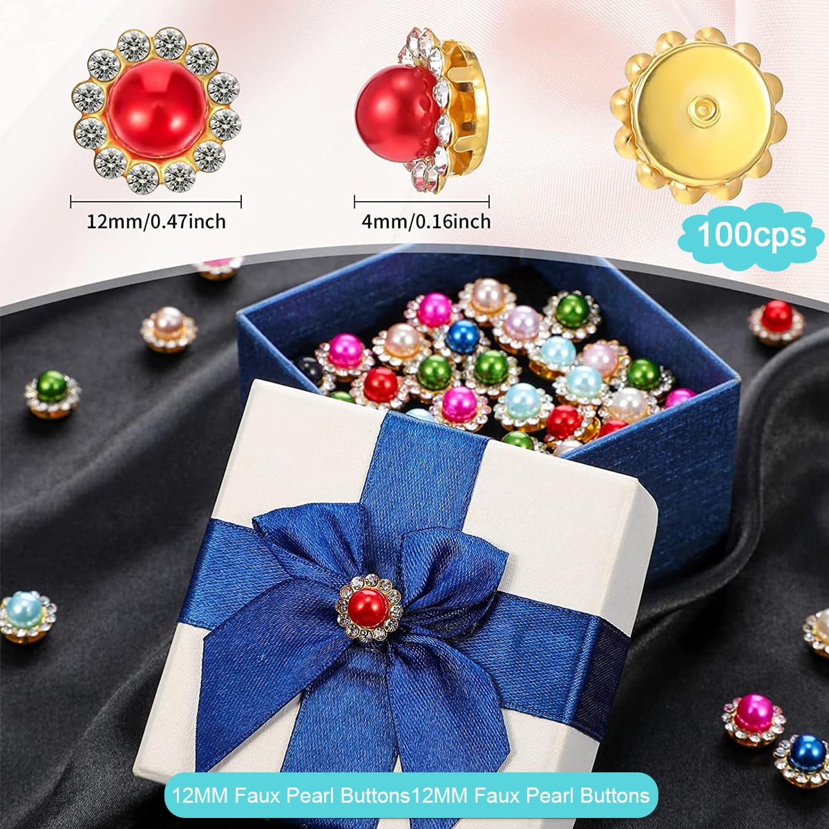 HASTHIP Sew on Rhinestones Pearl Buttons for DIY Crafts featuring 12mm Metal Base | 100Pcs Assorted Colors Embellishments