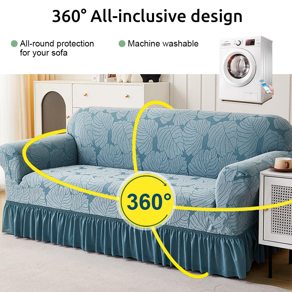 1PC Stretch Sofa Slipcover Couch Sofa Covers Washable Furniture Protector Full Sofa Bed Cover with Elastic Bottom and Skirt for Living Room, Light Blue (190-230cm)
