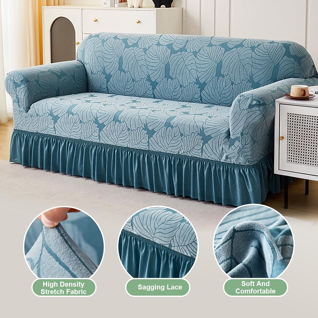 1PC Stretch Sofa Slipcover Couch Sofa Covers Washable Furniture Protector Full Sofa Bed Cover with Elastic Bottom and Skirt for Living Room, Light Blue (190-230cm)