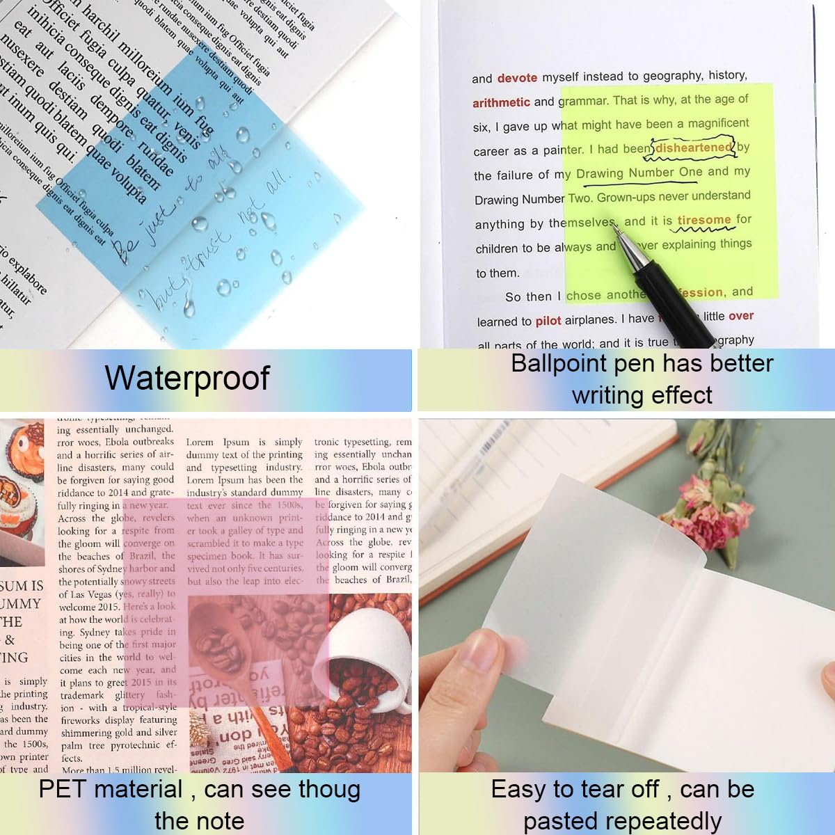 HASTHIP Sticky Notes for School, Office and Home with 650 Sheets Transparent PET | Multi-Colored Writable Self-Adhesive Pads