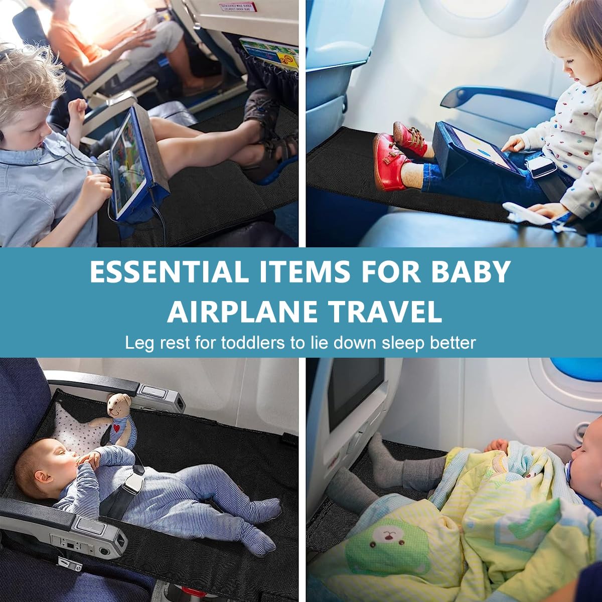 Airplane Footrest for Kids, Toddler Travel Bed, Airplane Foot Hammock for Baby with Anti-Slip Design, Airplane Seat Extender for Kids, Portable Airplane Travel Accessories, 79 * 44cm (Black)