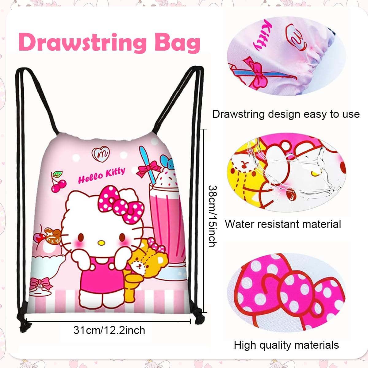 HASTHIP® 12Pcs Kawaii Sanrio Stuff Kitty School Supplies Set, Hello Kitty Sanrio Stationery Set with Drawstring Bag Coin Wallet Bracelet Keychain Necklaces Button Pins Stickers Lanyard for Kids Adults