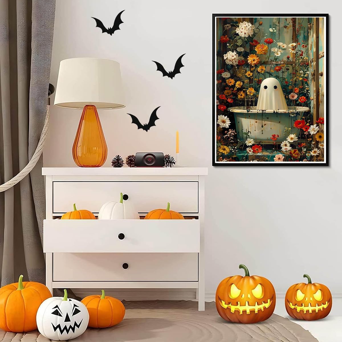 HASTHIP DIY 5D Diamond Painting Kit for Home Decor featuring Full Drill 30x40cm Canvas | Whimsical Ghost in Floral Bathtub with Resin Gems and Tools