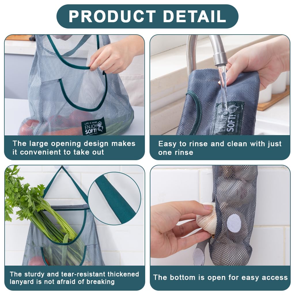 HASTHIP Hanging Mesh Storage Bags for Kitchen Produce featuring Dual Pocket Net Design | 3pcs Reusable Mesh Fabric