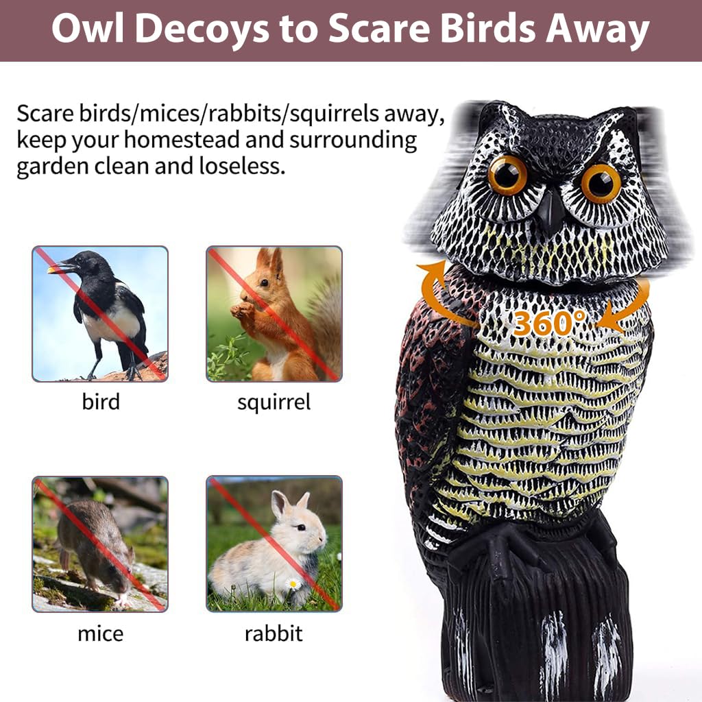 HASTHIP Outdoor Bird Repellent Devices for Balcony with 360 Degree Rotating Owl Decoys 3PCS