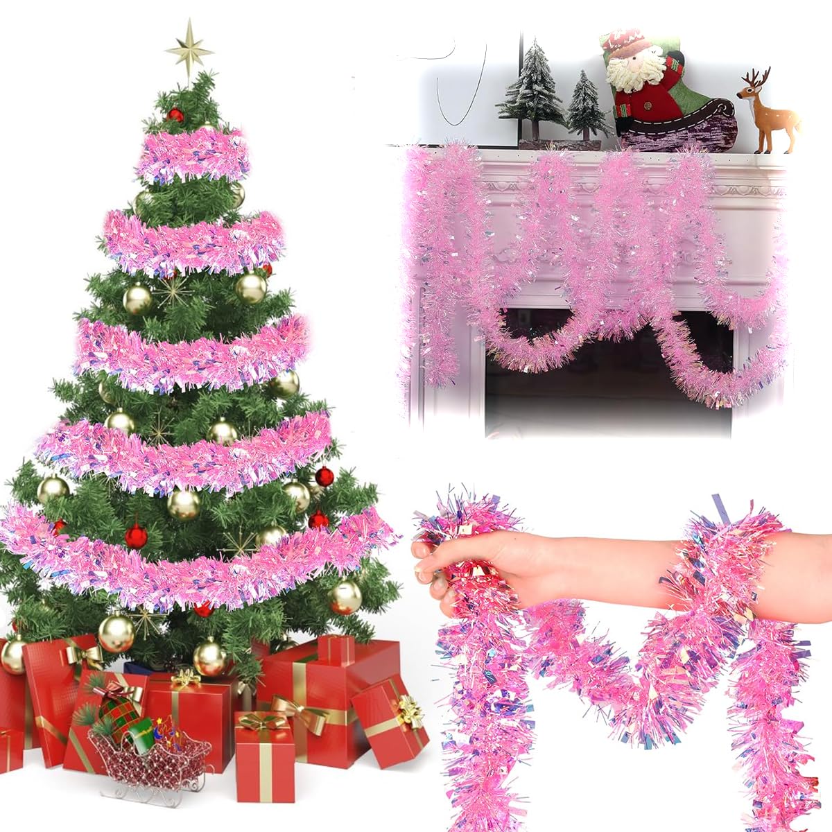 HASTHIP Pink Christmas Tinsel Garland for Trees and Parties featuring Shiny Metallic Fringe 16.4ft