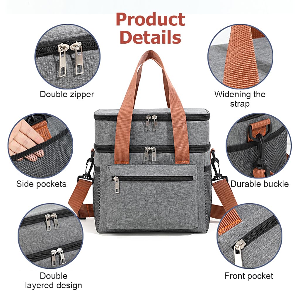 HASTHIP Expandable Insulated Lunch Bag for Office and School with Double Deck 10kg Capacity | Leakproof Grey Cooler for Travel and Picnic