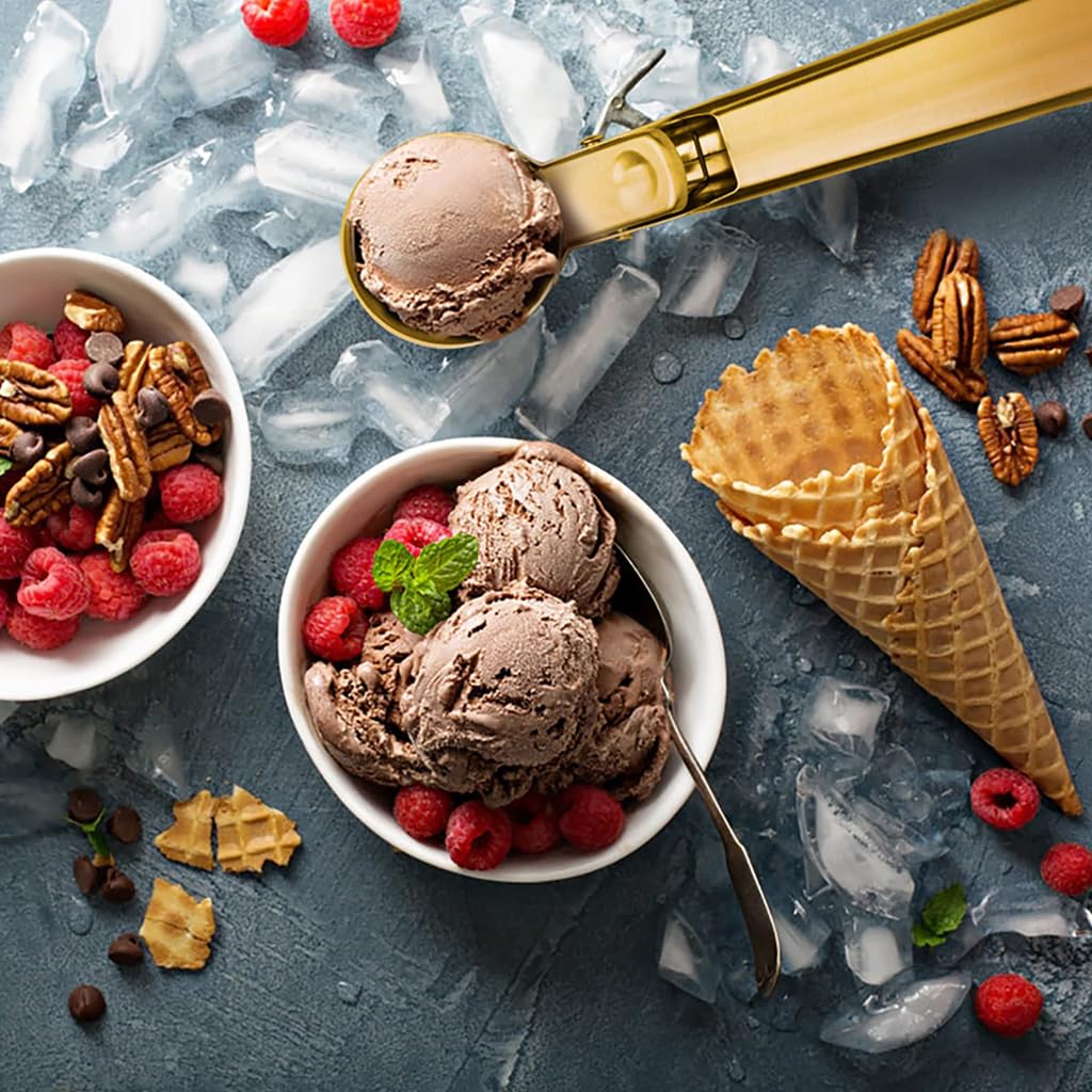 HASTHIP Ice Cream Scoop for Dessert and Fruit with Easy Trigger Lever 7 in Golden Stainless Steel Handle