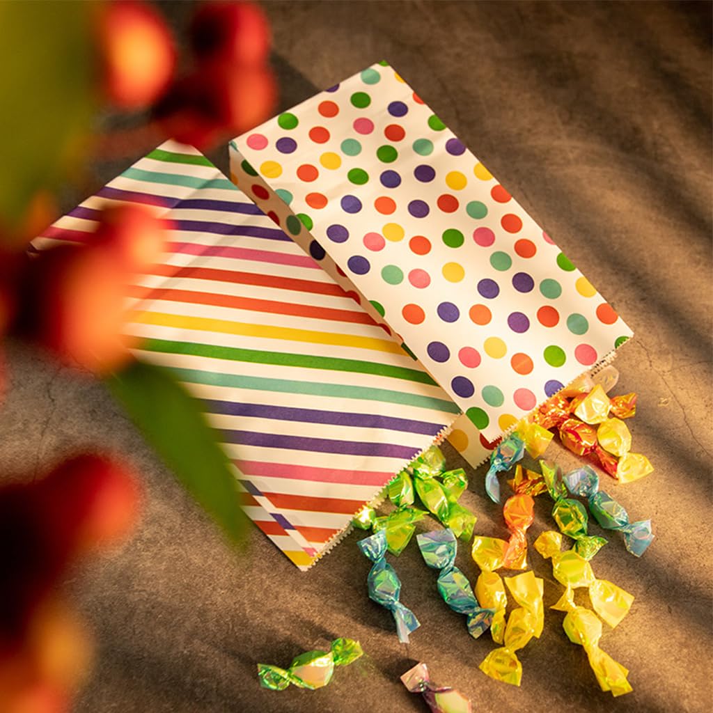 20Pcs Paper Gift Bags Candy Gift Bags Color Dots Strips Gift Bags with Stickers, Colorful Wooden Clips, Cute Tags, 10m Cotton Cord, Colorful Paper Gift Bag for Party Favor, Wedding Favor