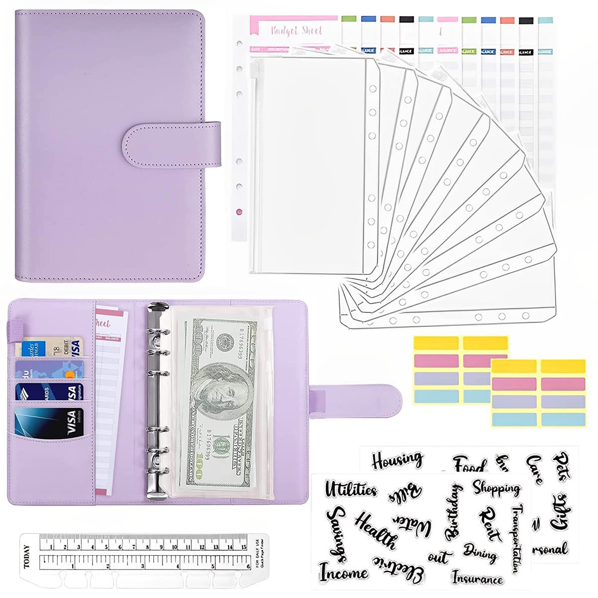 HASTHIP File Folder Ring Binder Notebook for Budget Organization with 6 Rings and 8 Envelopes | A6 PU Leather Purple Set