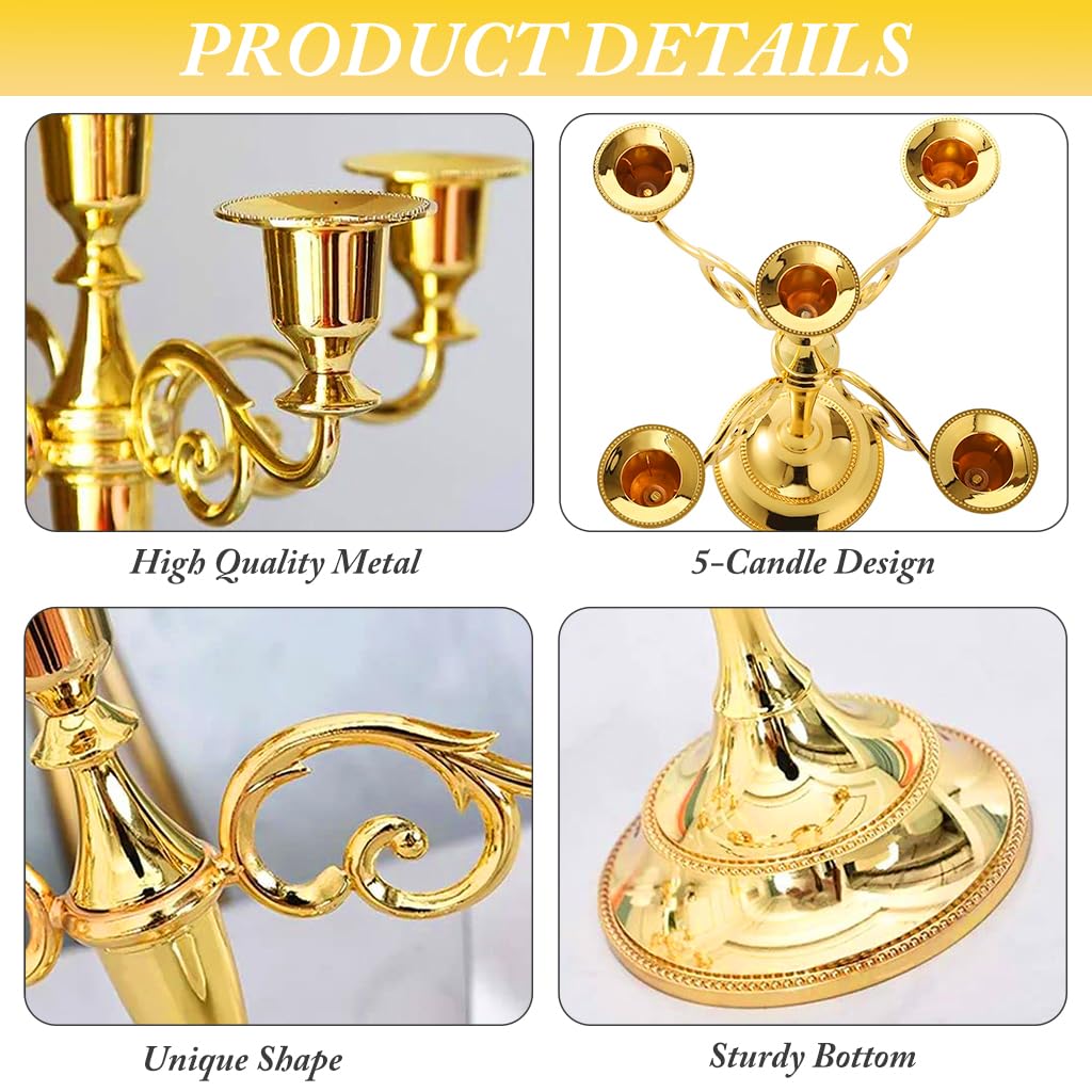 HASTHIP Candle Stand for Home Decor with 5 Arm Candelabra Design in Golden Metal | Dining Table Centerpiece
