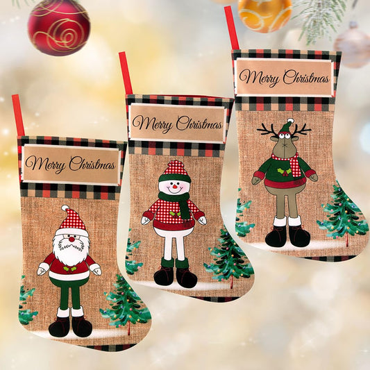 HASTHIP Christmas Stockings 3pcs 16 inch Linen Set for Fireplace and Tree | Elk Snowman Santa Design