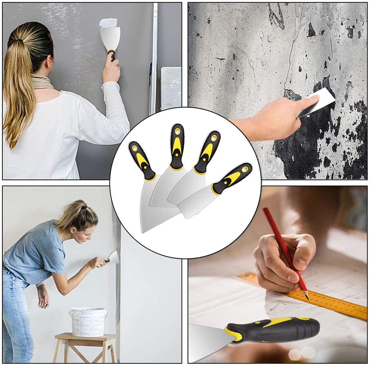 HASTHIP Putty Scraper Set for Drywall and Plaster Repair with Ergonomic Handle | 4 Pack 5 in 4 in 3 in 1.5 in CR‑V Steel Blades