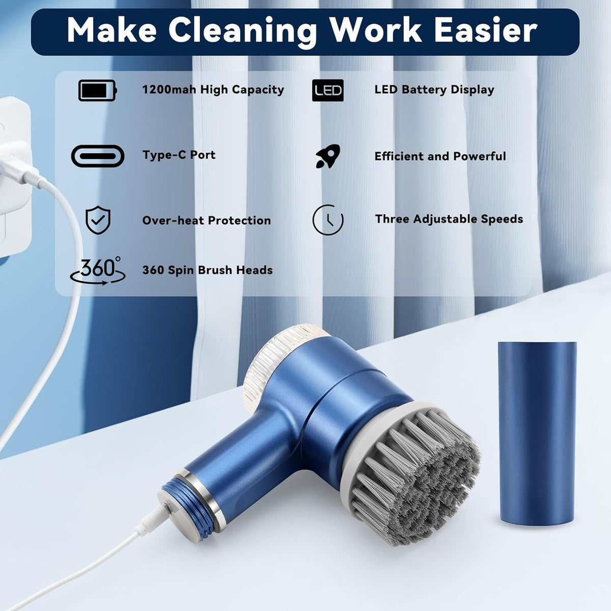 HASTHIP® Cordless Electric Spin Scrubber Cleaning Brush with 5 Replaceable Brush Heads, Electric Bathroom Cleaning Brush with Power Display, 3 Speeds & Max 2400RPM, Electric Cleaning Brush for Home