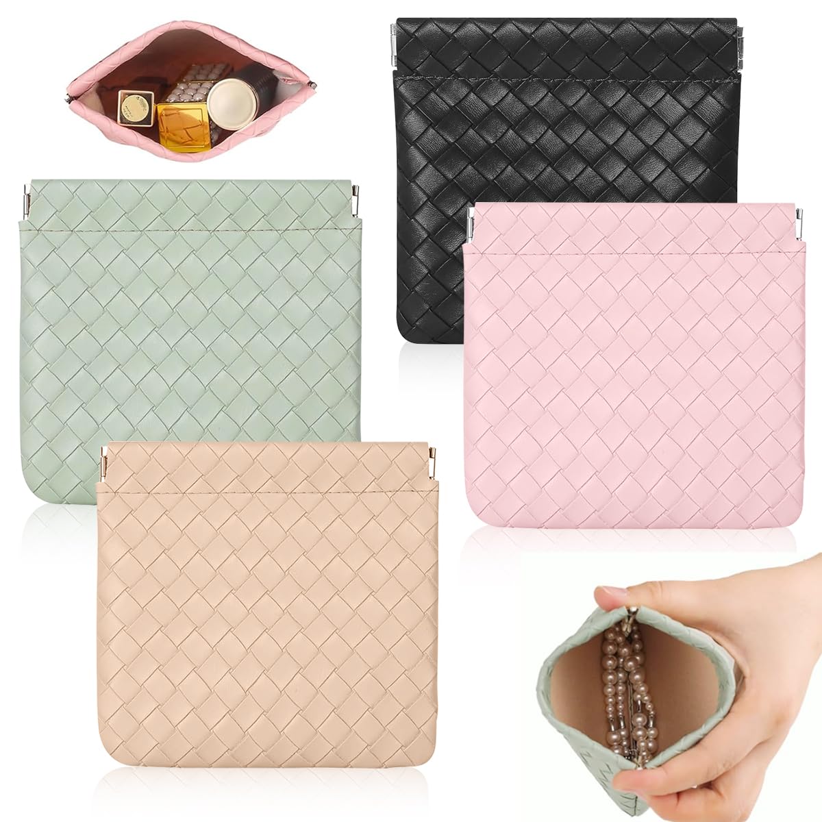 HASTHIP® 4 Pcs Bolsa de Maquillaje Pequeña de Piel Sintética,Mini Neceser Cosmético Portátil con Cierre Automático,Monedero Organizador Viaje para Pintalabios Joyas y Auriculares