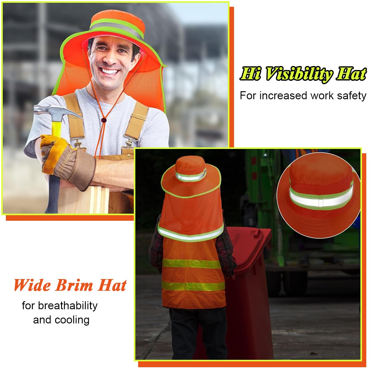 HASTHIP® High Visibility Safety Reflective Bucket Hat with UV Protection, Breathable Mesh Neck Flap, Adjustable Fit for Men & Women, Ideal for Night Work, Hiking, Fishing, Neon Color Design
