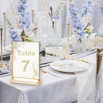 HASTHIP® 4 Pack Acrylic Gold Sign Holder, Double Sided A4 Menu Stand, Clear Vertical Table Display for Restaurant Menus, Office Flyers, Acrylic Photo Frame, Desk Brochure Holder