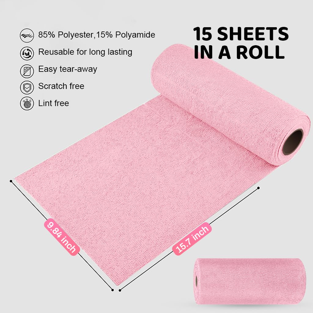 HASTHIP Microfiber Cleaning Cloth Roll 15 Count 25x40cm for Kitchen Use featuring Pre Cut Tear Away Design | Pink Reusable Towels