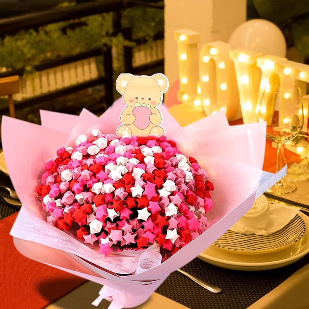 HASTHIP® Origami Stars Papers Pink Origami Paper Strips Pink Origami Paper Star Bouquet Handmade DIY Material Package Wishing Lucky Five-Pointed Star Origami Creative Birthday