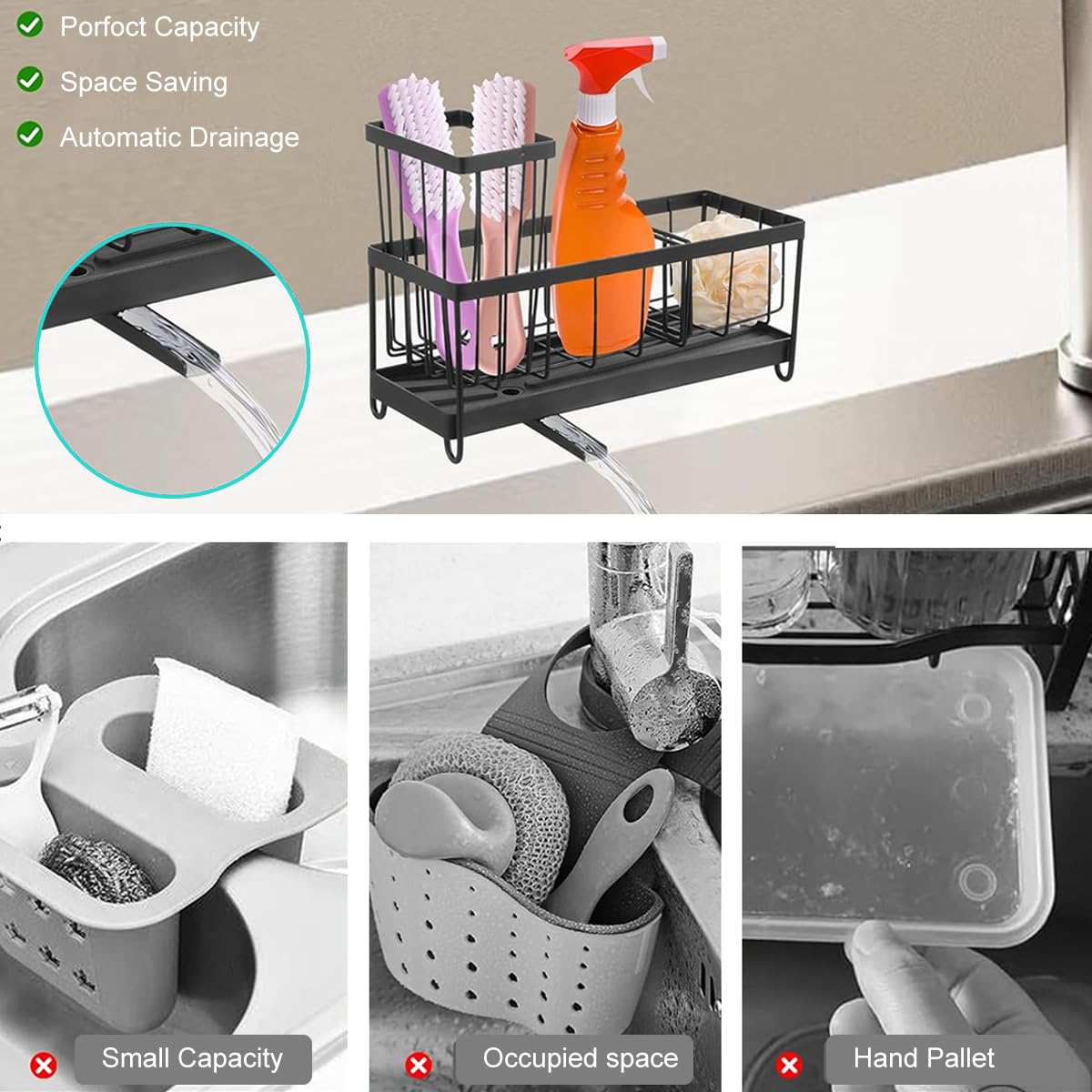 HASTHIP Sink Organiser for Kitchen Countertop featuring 3 Compartments and Sponge Holder