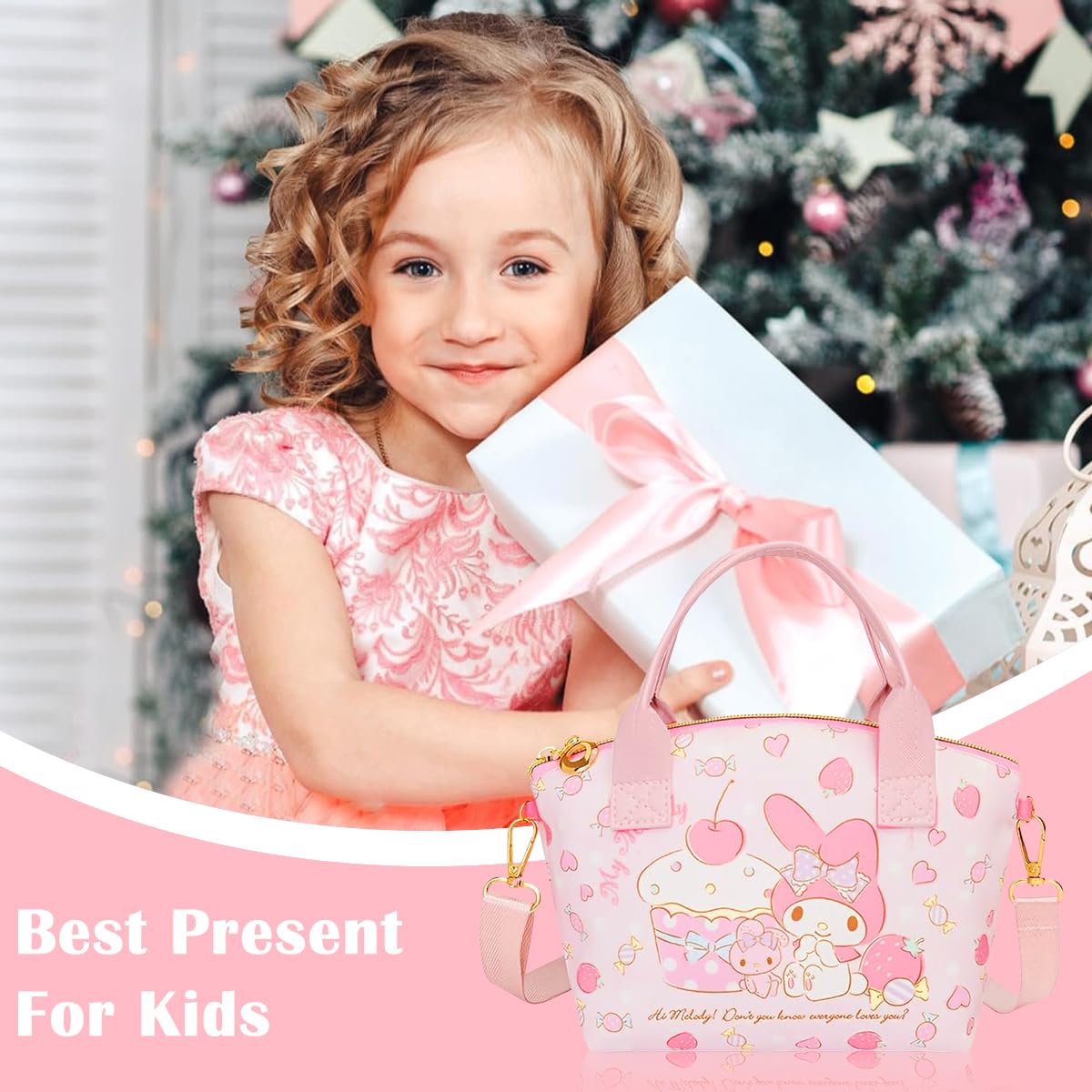 HASTHIP® Melody Hand Bag Kawaii Sanrio Small Tote Bag for Girls Pink Melody Shoulder Small PU Tote with Removable Shoulder Strap Crossbody Christmas Gift for Girls Birdthday Gift,16x7x22cm