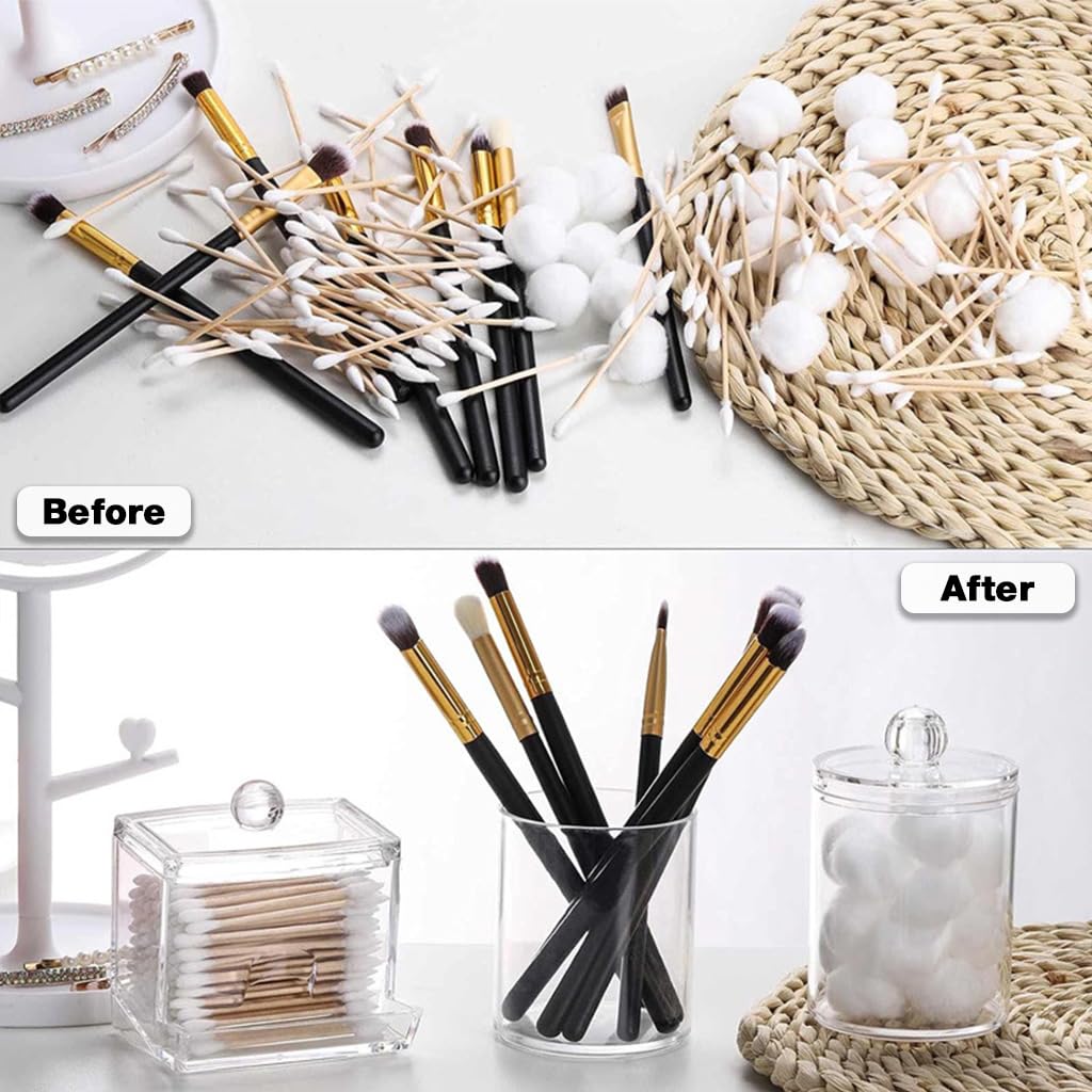 HASTHIP Makeup Cotton Storage Box for Vanity and Bathroom with Lids and Bottom Slot | 3Pcs Clear Acrylic Organizer Set