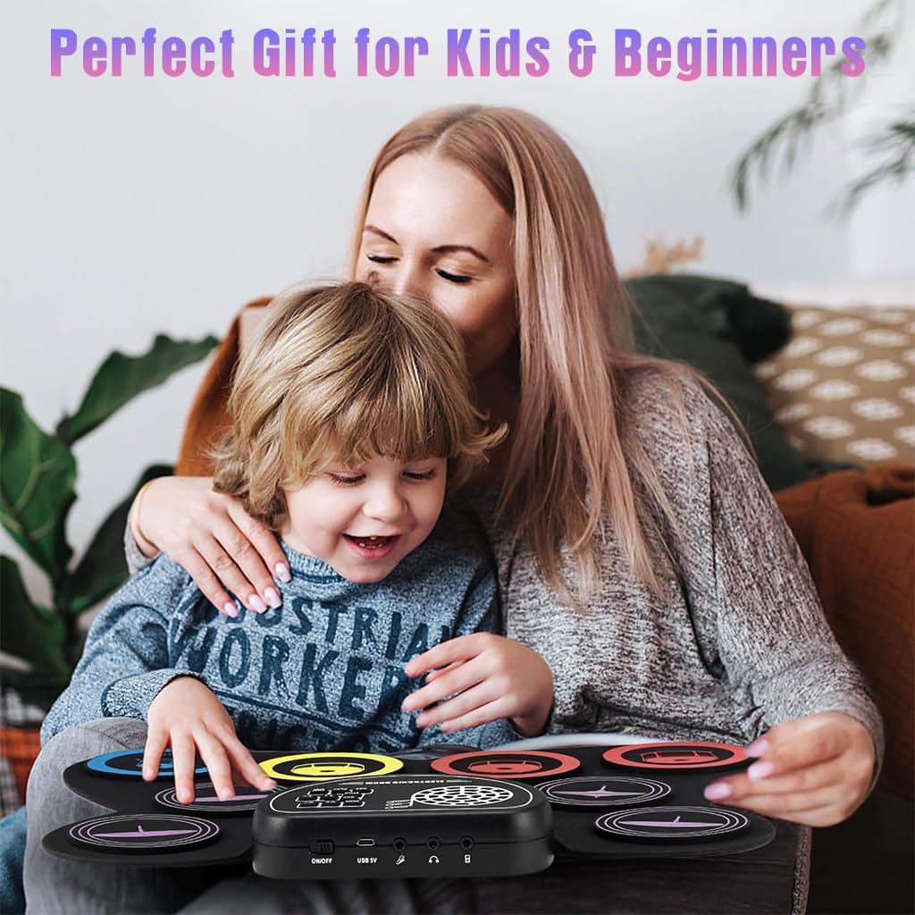 HASTHIP Electronic Drum Set for Beginners with 9 Pads and Dual Pedals | Portable Roll Up Design
