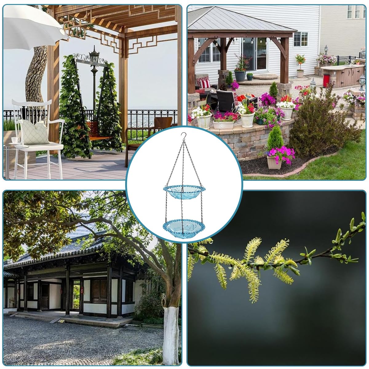 HASTHIP Garden Hanging Bird Bath for Outdoor Use with 70CM Double Layer Bowls | Crystal Blue Decor