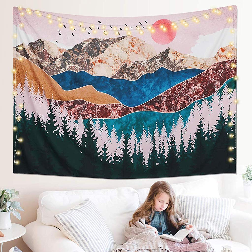 HASTHIP Sunset Forest Tree Mountain Tapestry for Bedroom 51x59 in featuring HD Printing | Polyester Wall Hanging Art