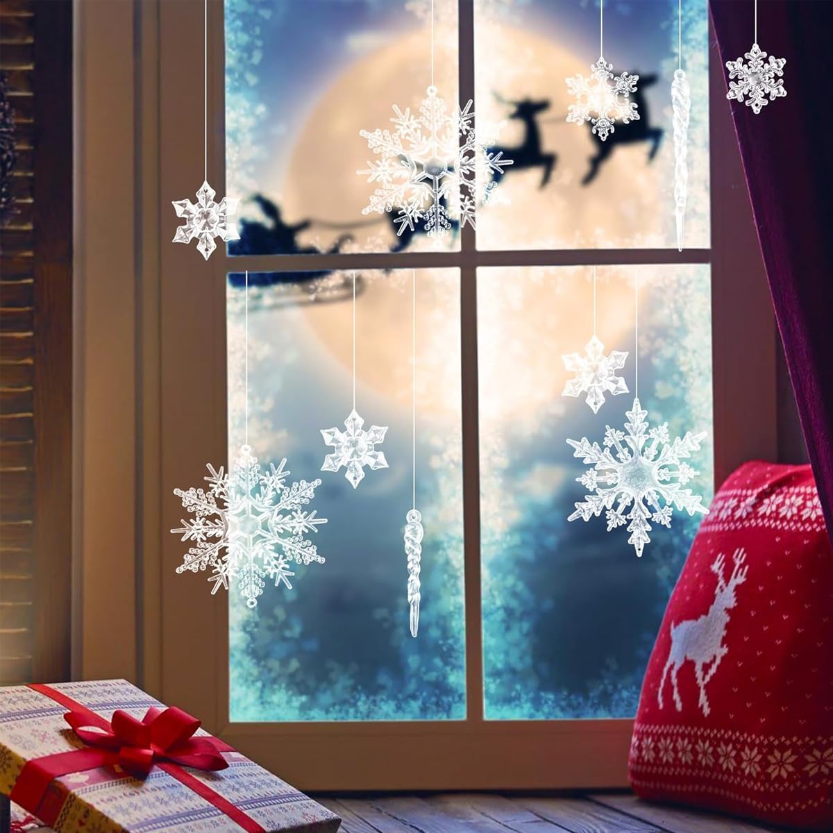 HASTHIP Christmas Tree Decorations featuring 35Pcs Crystal Acrylic Snowflake and Icicle Ornaments for Home and Window Decor | Festive Winter Display