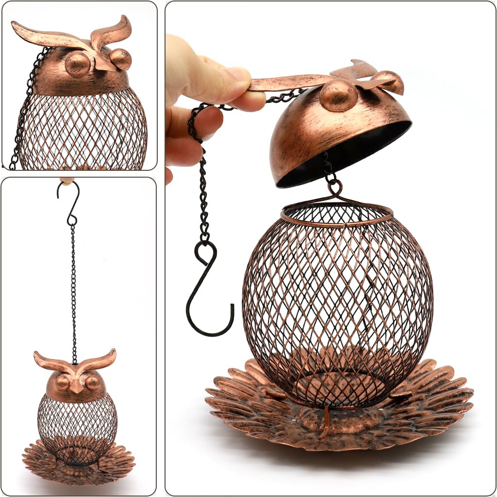HASTHIP Outdoor Bird Feeder for Garden and Patio with Floral Bottom Tray 14.5x15cm Iron Mesh Owl Design
