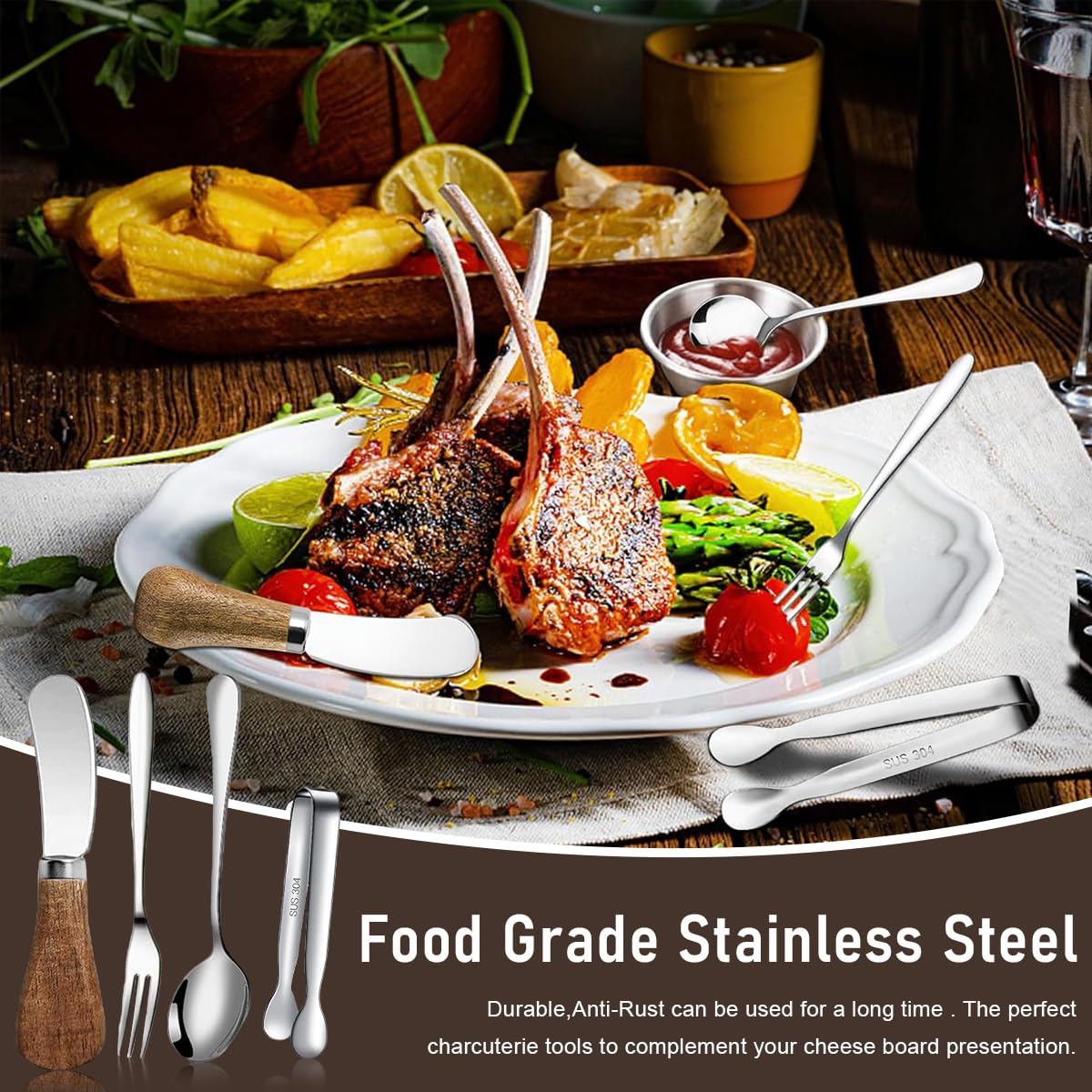 HASTHIP Cheese Knife and Charcuterie Utensils Set with 20Pcs Stainless Steel & Wooden Handles for Entertaining