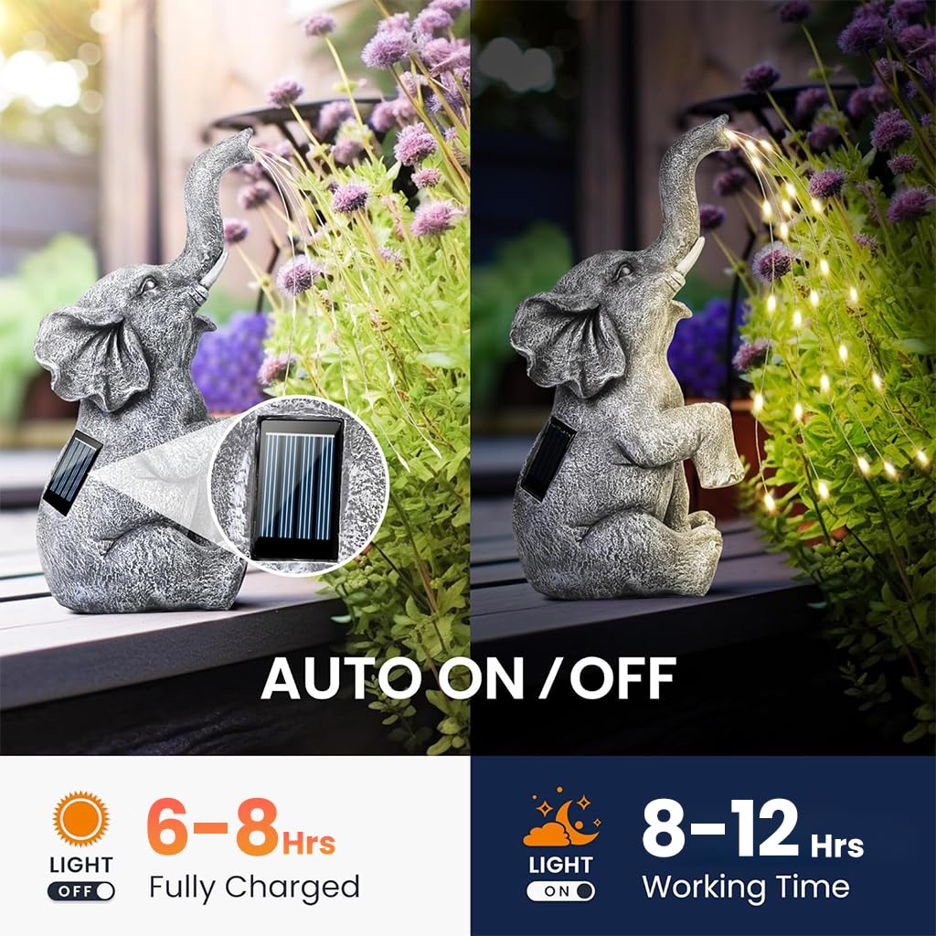 HASTHIP Elephant Resin Statue for Garden and Home Decor with Solar Starry Light 4.5x5.3x10.6 in