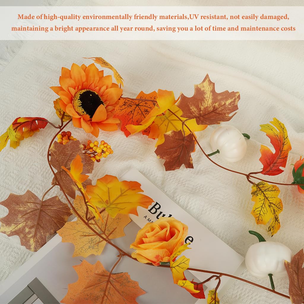 HASTHIP Autumn Maple Leaf Pumpkin Garland for Home Decor with Berries 2M 6.5FT | Fall Thanksgiving and Halloween Decoration