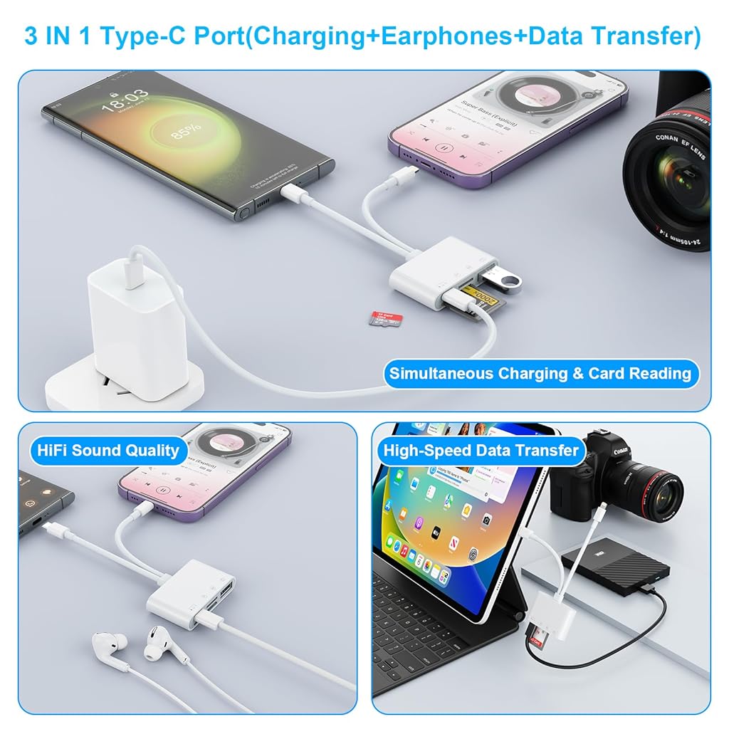 HASTHIP® 4 in 2 SD Card Reader for iPhone/iPad, USB C/Lightning to Micro SD/SD Card Adapter with SD MicroSD Type-C USB 4 Slots,