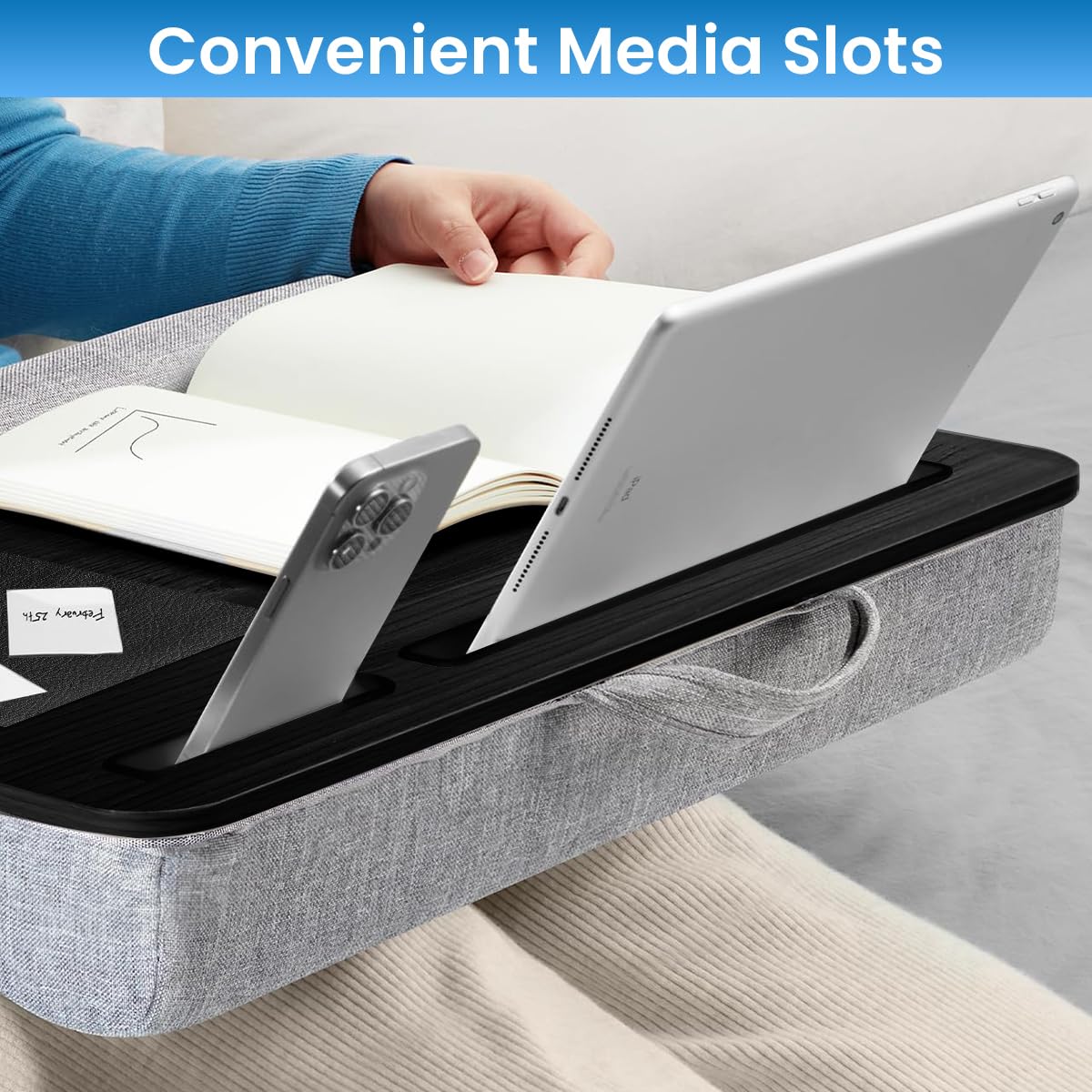 HASTHIP® Laptop Top Table On Knee,Mobile On-Knee Desk with Mouse Pad,Tablet & Phone Slot Arm Wrist Rest Backside Soft Table Riser Design Writing Desk Mobile On Knee Wooden with Handle