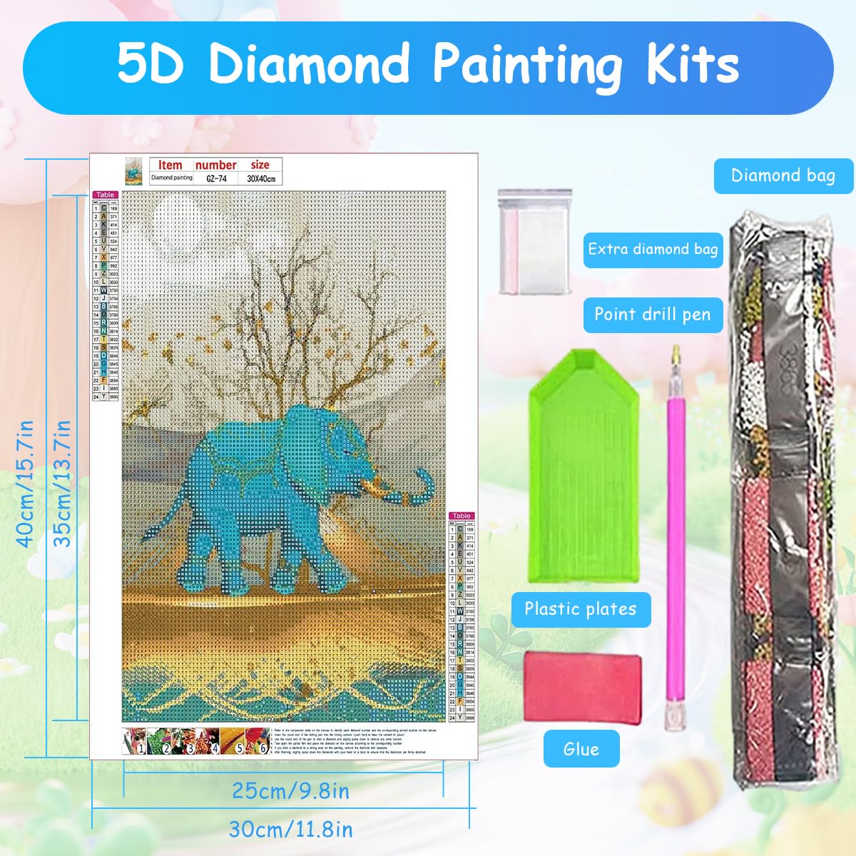 HASTHIP Diamond Painting Kit for Home Decor featuring 12x16 in Blue Elephant Canvas | Gift for Adults and Kids
