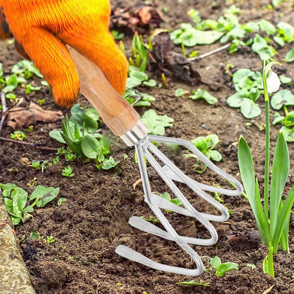 HASTHIP Gardening Rake for Lawn and Soil Maintenance with Ergonomic Wooden Handle 10.6 in Stainless Steel Head