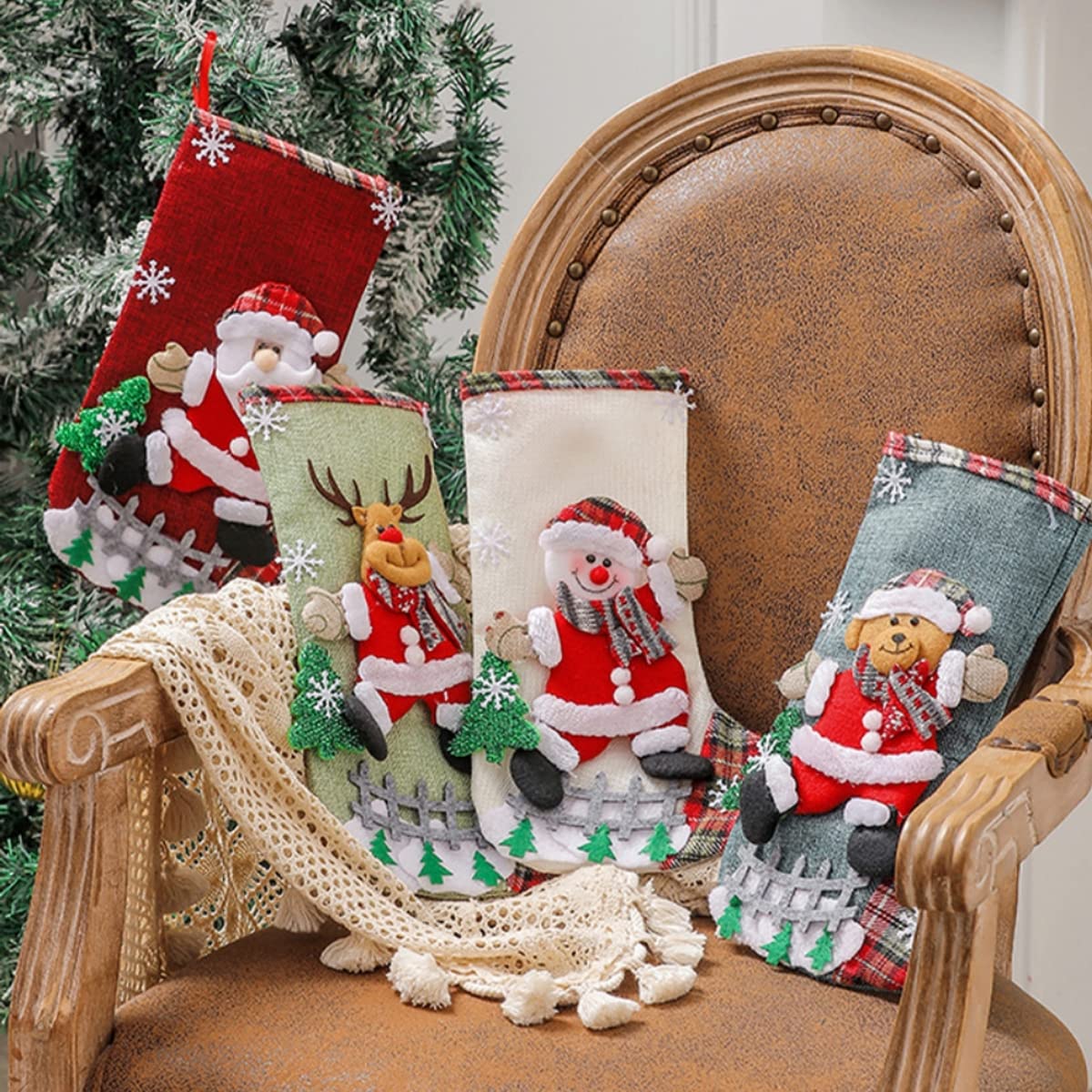 HASTHIP Set of 4 Christmas Decorations Stocking, 10 inch Linen Christmas Gift Stocking, Hanging Christmas Stockings Set Christmas Stocking Christmas Stocking for Window, Christmas Socks