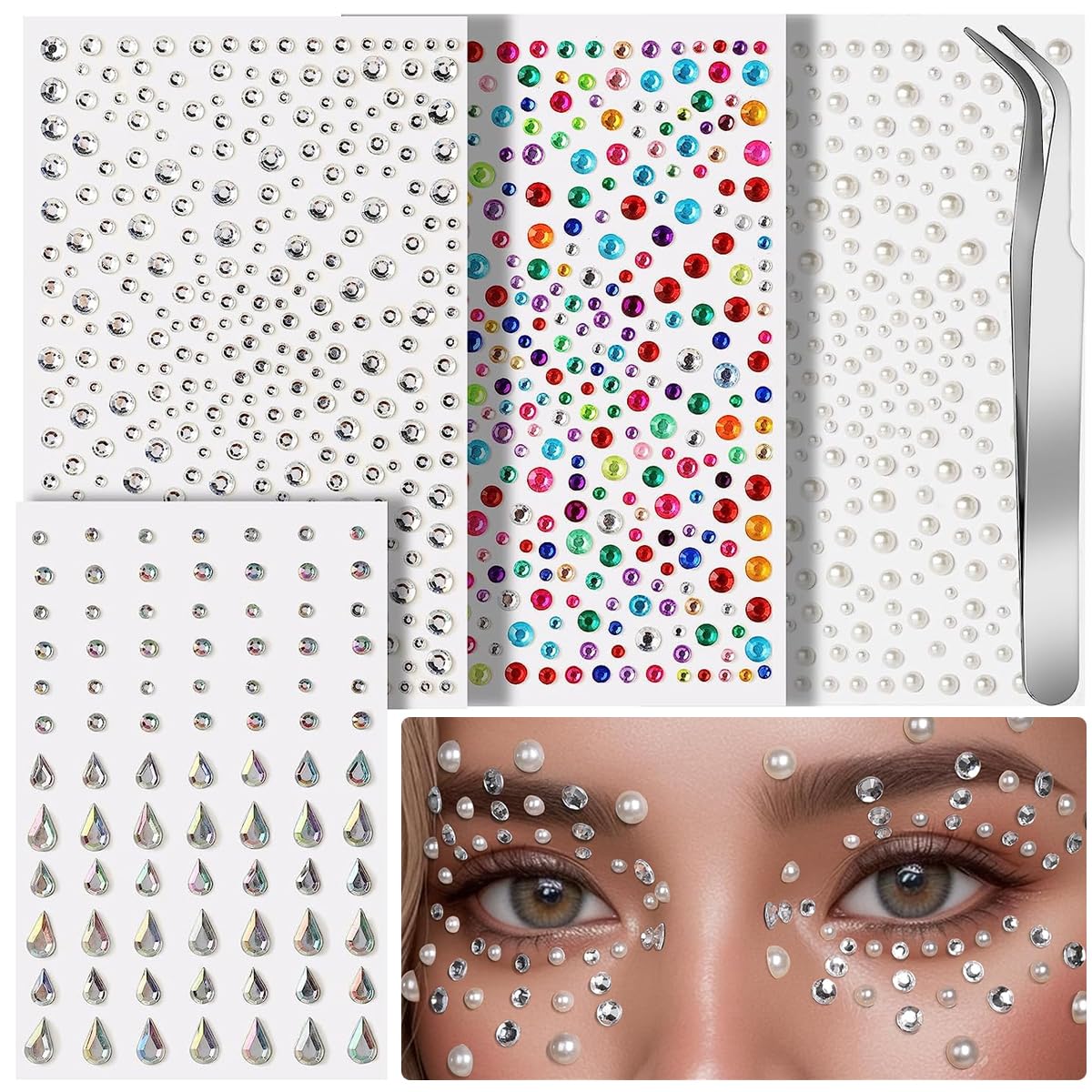 HASTHIP® 4 Hojas Gemas Faciales Autoadhesivas para Maquillaje, Espejuelos de Colores y Perlas con Pinzas, Pegatinas de Diamantes para Festival, Uñas, Cabello y Manualidades