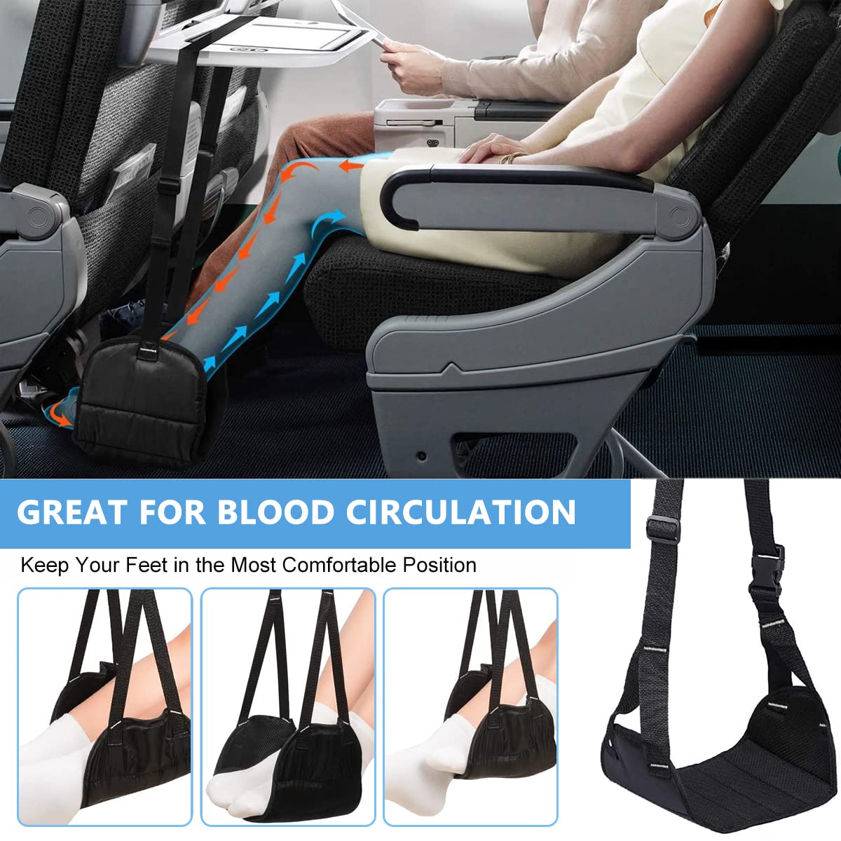 HASTHIP Airplane Footrest for Travel with Adjustable Straps and Wide Hammock Design | Black
