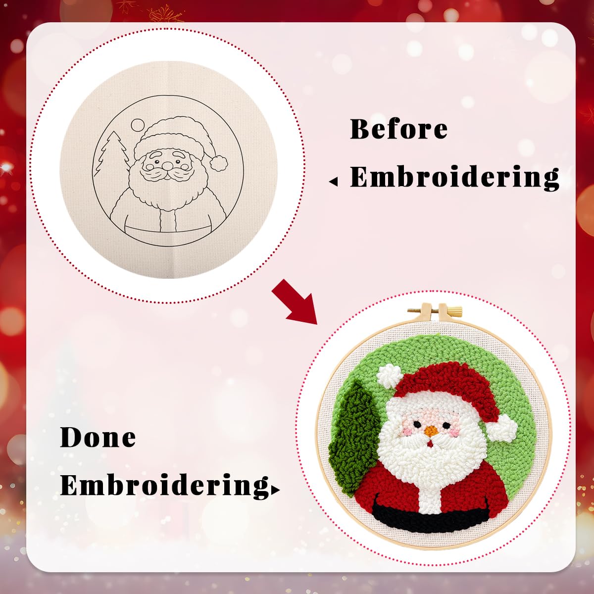 HASTHIP Embroidery Kit for Beginners for Christmas Crafting with 7.8 in Hoop | Fun DIY Santa Claus Punch Needle Set for Kids and Adults