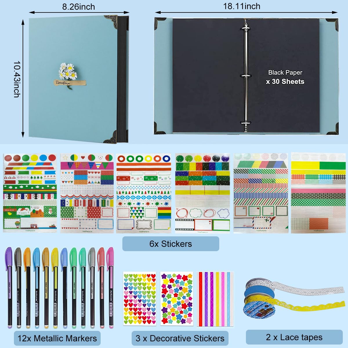 HASTHIP DIY Scrapbook Photo Album Kit for Couple with 60 Pages 8.5x11 in Hardcover | Includes Pens Stickers and Washi Tapes
